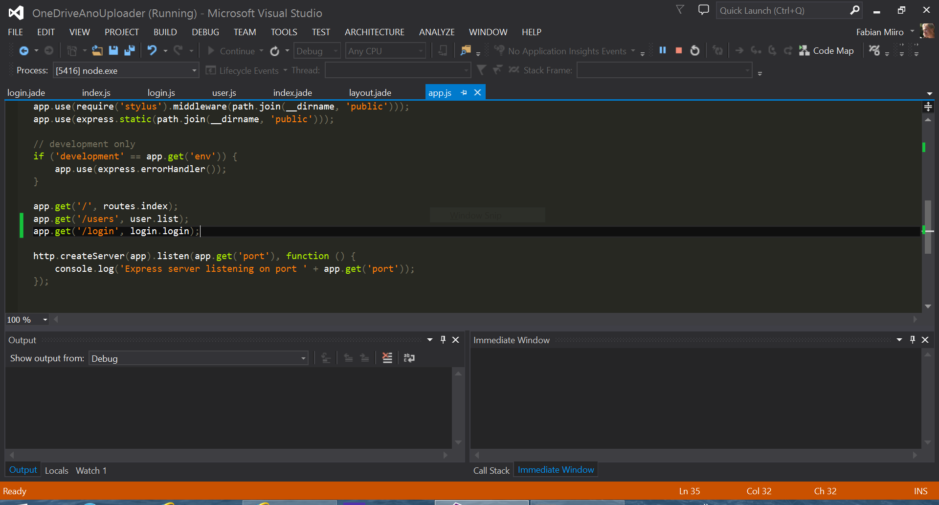 Visual Studio open with app.js